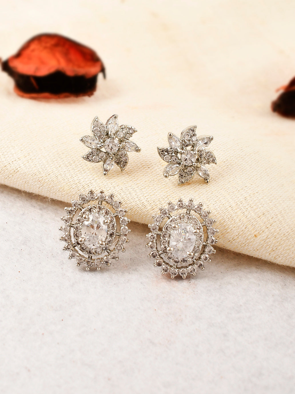 Set of 2 Silver-Toned Diamond Contemporary Studs