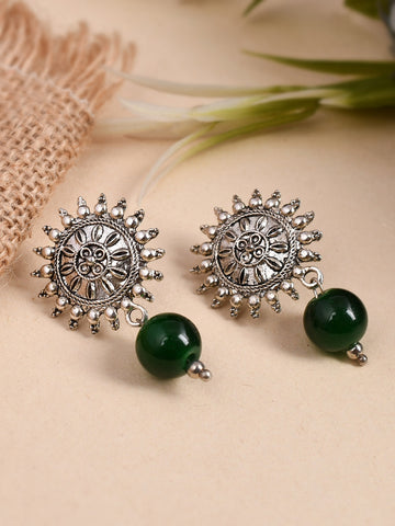 Green  Silver-Plated Oxidised Classic Drop Earrings