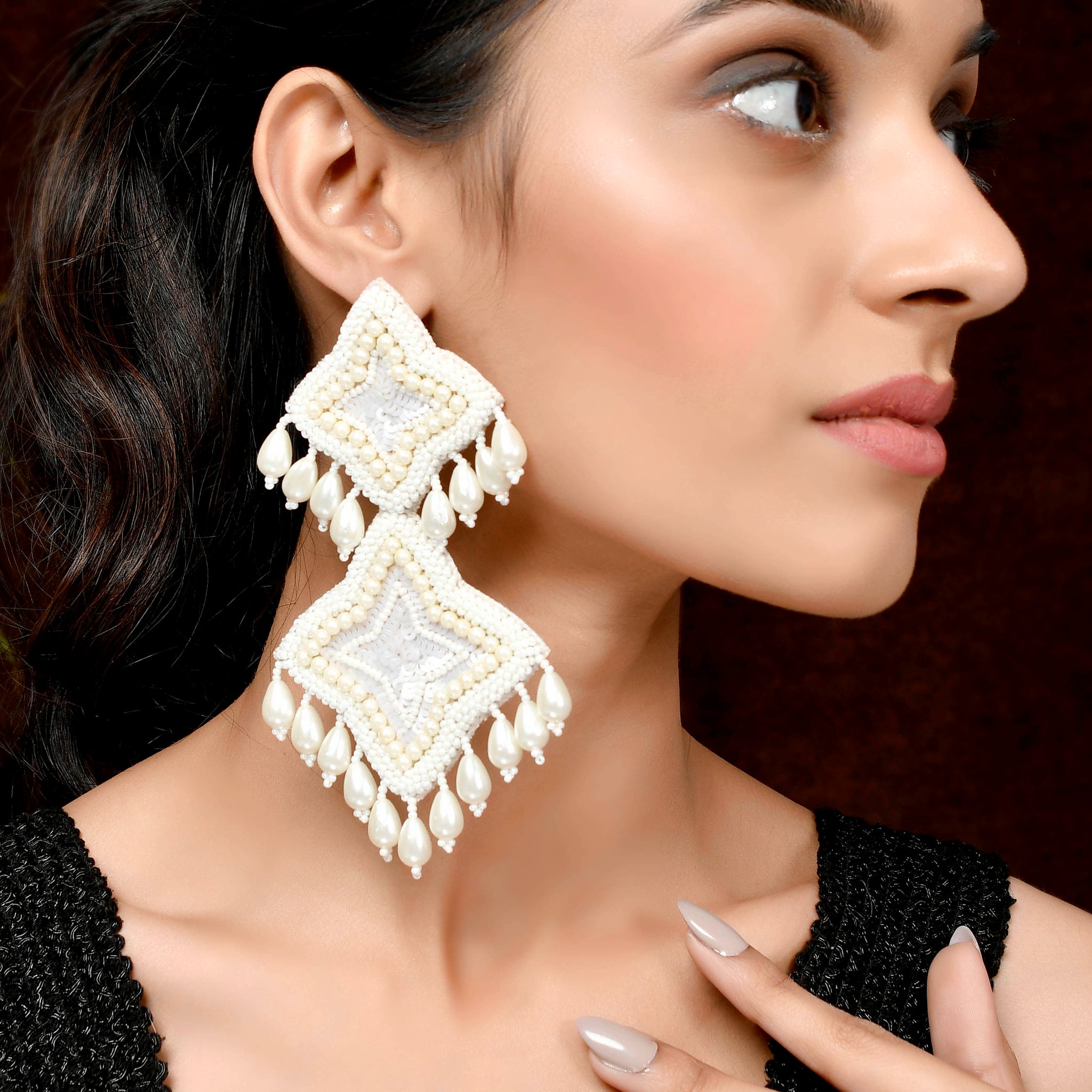 White Contemporary Fabric Drop Earrings