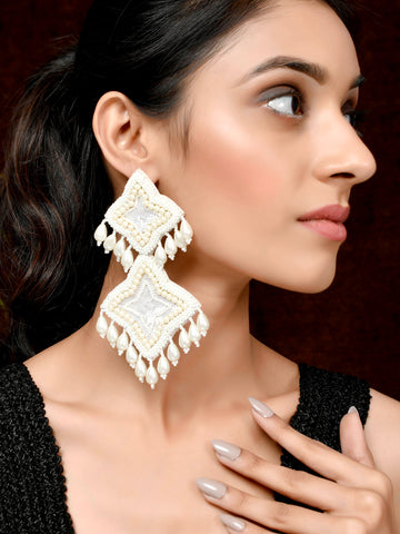 White Contemporary Fabric Drop Earrings