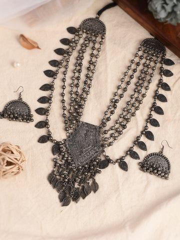 Oxidised Silver-Plated Kundan Long Necklace