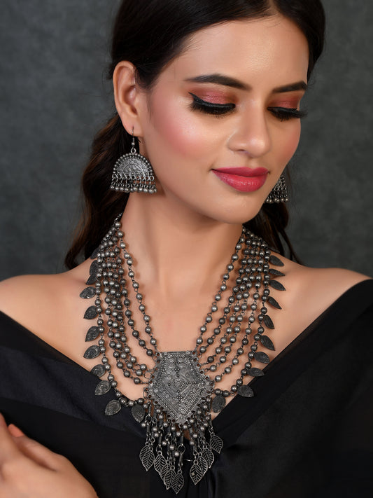 Oxidised Silver-Plated Kundan Long Necklace