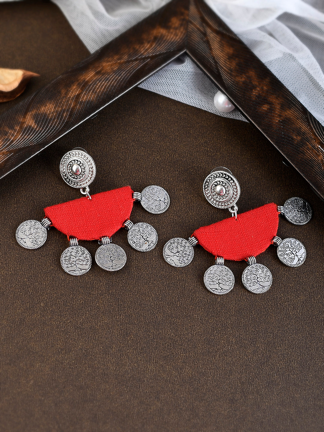 Red Fabric Contemporary Coins Drop Earrings