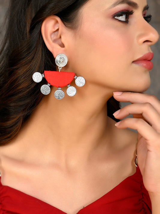 Red Fabric Contemporary Coins Drop Earrings