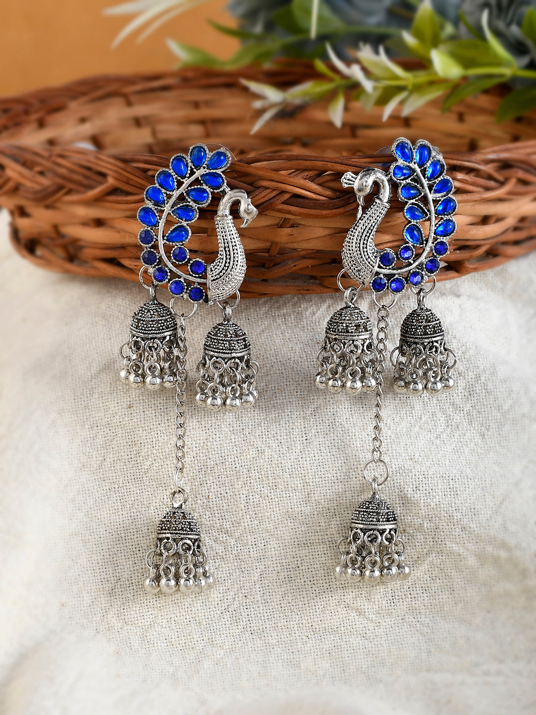 Silver-Toned Oxidised Peacock Jhumkas