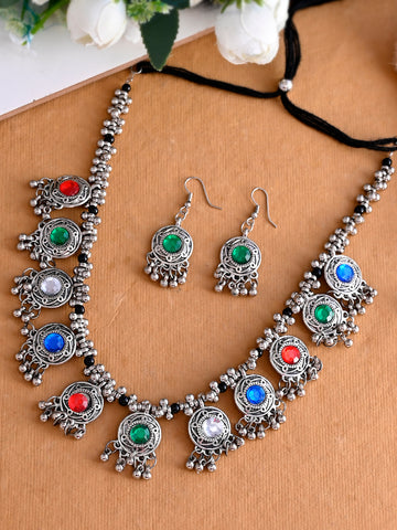 Oxidised Silver-Plated Multicolor Short Necklace