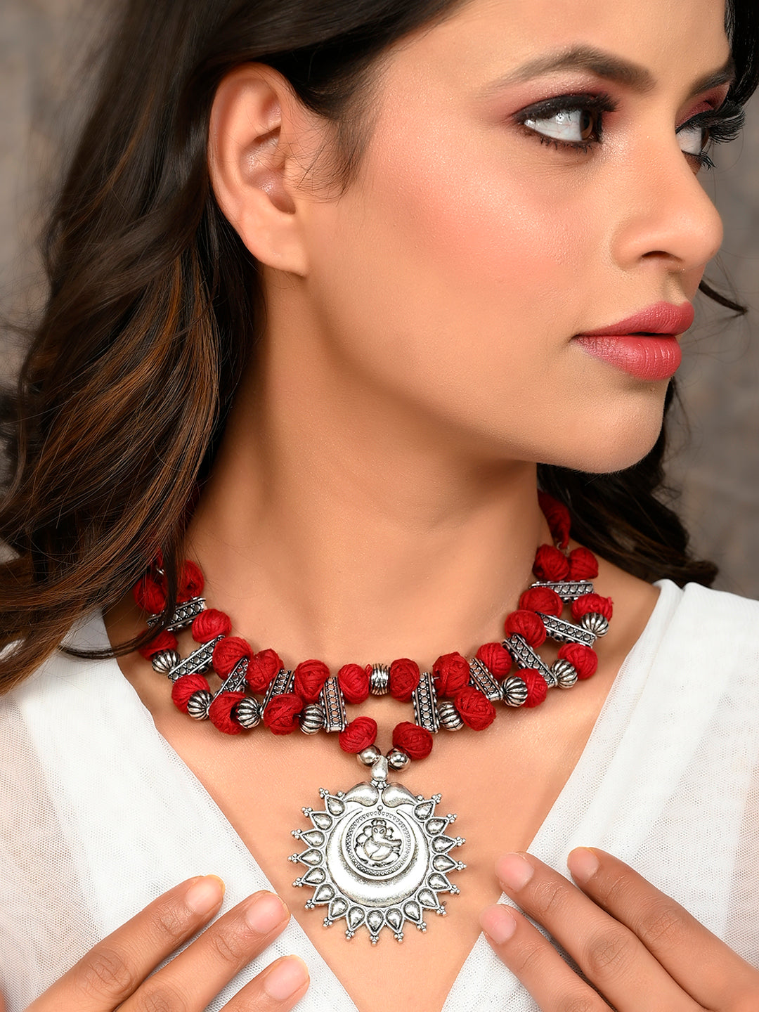 Silver-Plated Oxidised Red Short Necklace