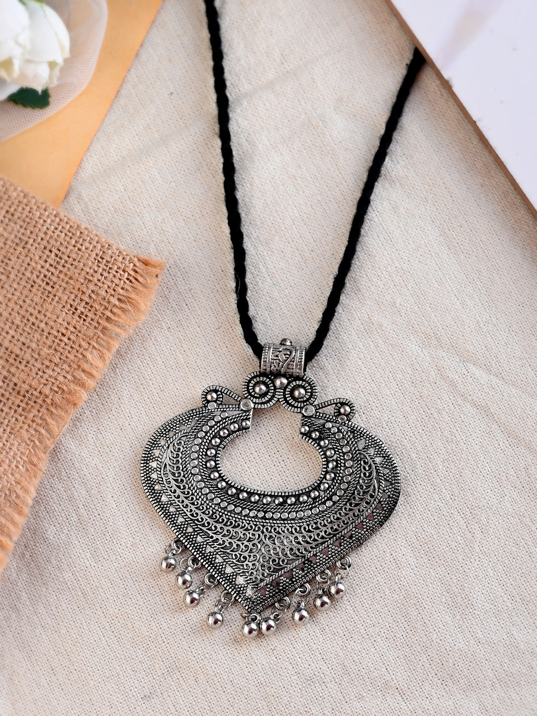Silver-Plated Oxidised Black Long Necklace