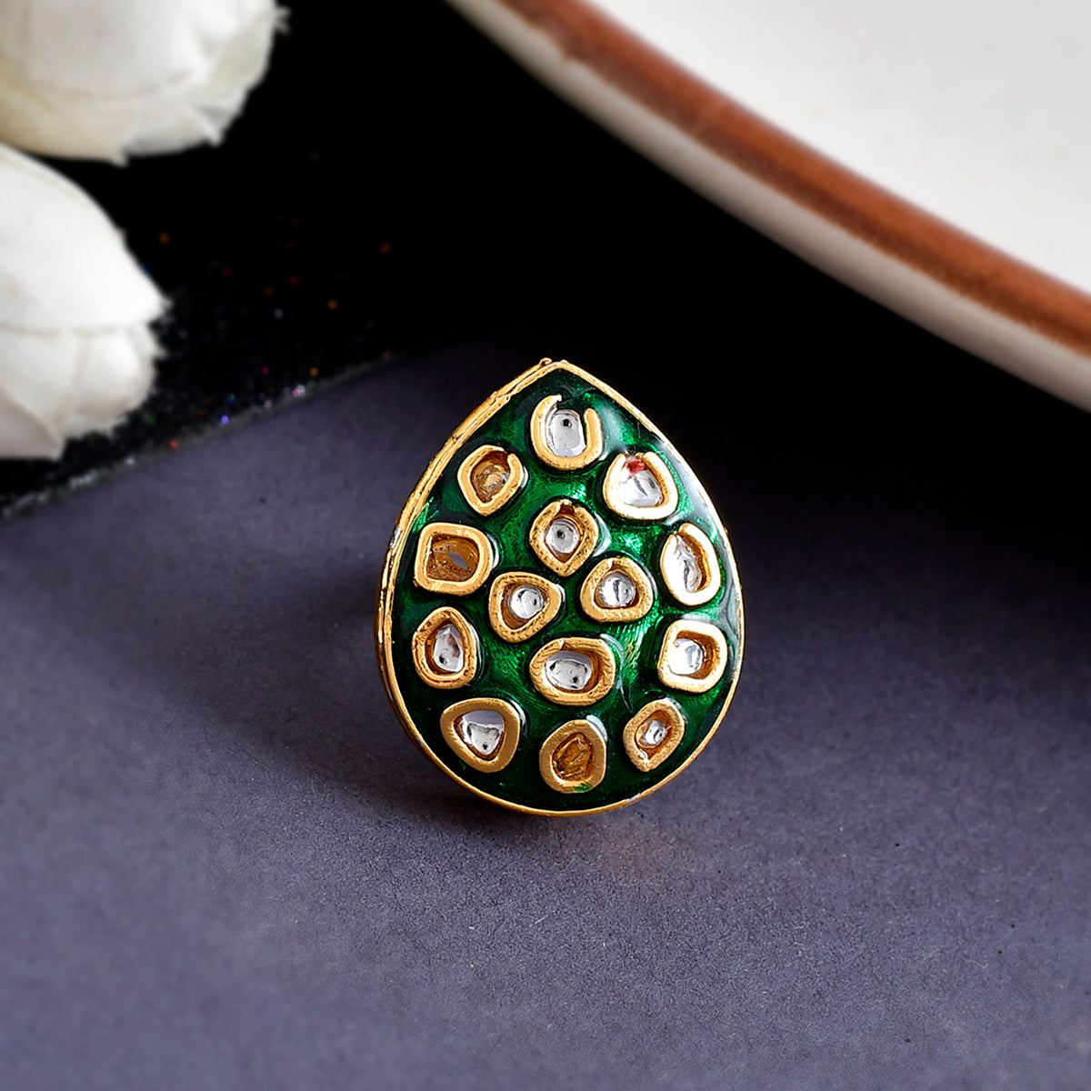 Gold-Plated Green Kundan Adjustable Rings