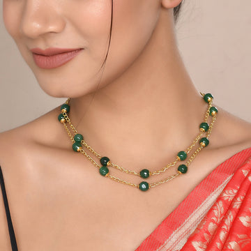 Gold-Plated Green Beaded Short Necklace