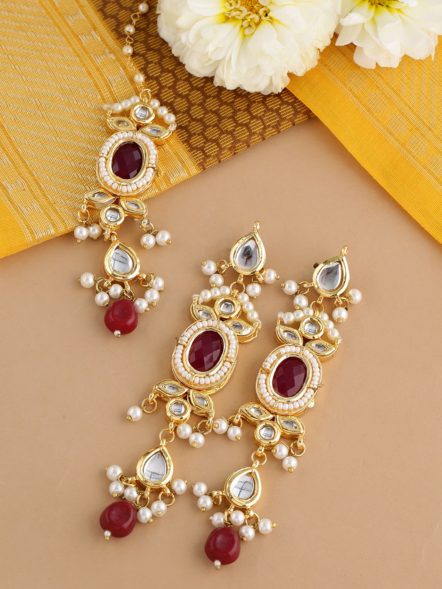 Gold-Plated Kundan Studded Maangtika with Drop Earrings