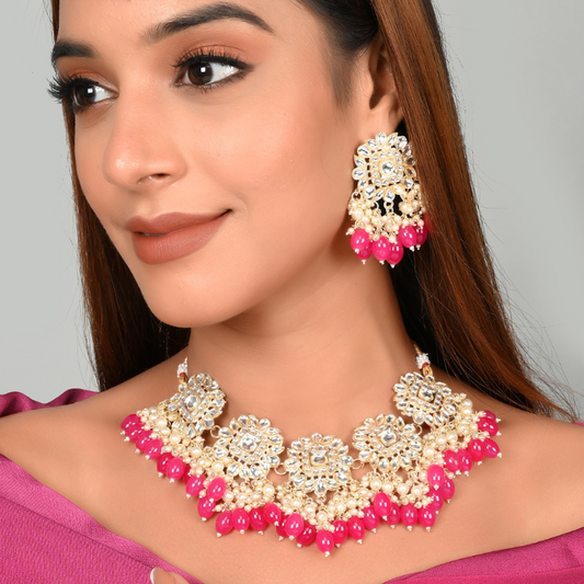 Gold-Plated Bridal Pink Kundan Choker